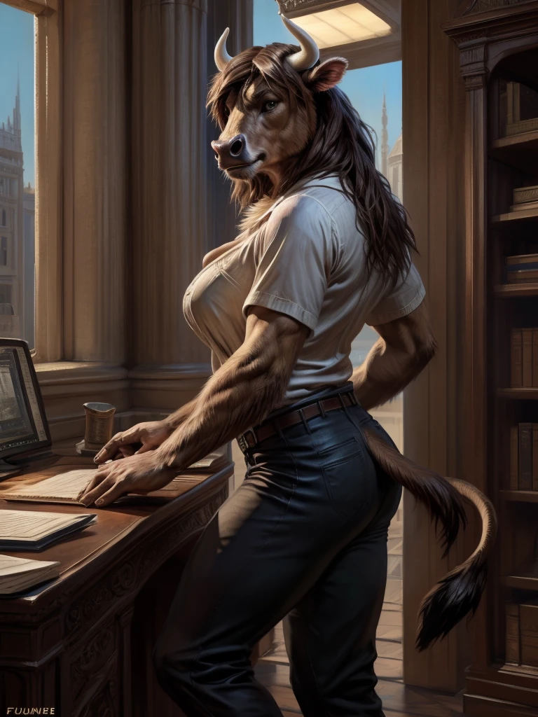Sharp focus, masterpiece, 8k, intricate artwork, hyper detailed, high detail, best quality, perfect colors, perfect shadows, perfect lighting, (by Taran Fiddler, by Chunie, by Rukis, Bonifasko lighting), (epic, masterpiece:1.2),
(bust shot, solo, posing for the camera, side view),
correct anatomy, detailed eyes, anthro cow, female, feminine, middle-aged, bovine ears, bovine tail, small horns, nails on hand, (high hocks, hoofed legs, cow legs), (big breasts, soft breasts, saggy breasts), very long hair,
(light-yellow fur, white front fur:1.3, white hands:1.3, white legs fur:1.3, brown hair),
(short sleeve shirt, black pants, tight pants),
(standing),
(office)