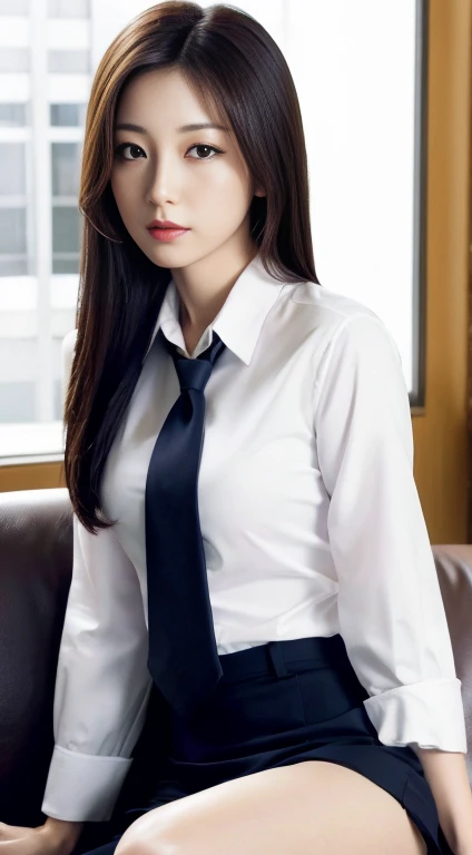 masterpiece, Highest quality, High resolution, Venus 1,A Japanese woman with a pure and sensual face, alone, Sitting on the sofa in the office,Wearing a black office suit,Wearing a white shirt,Wearing a black miniskirt,Wearing natural colored stockings