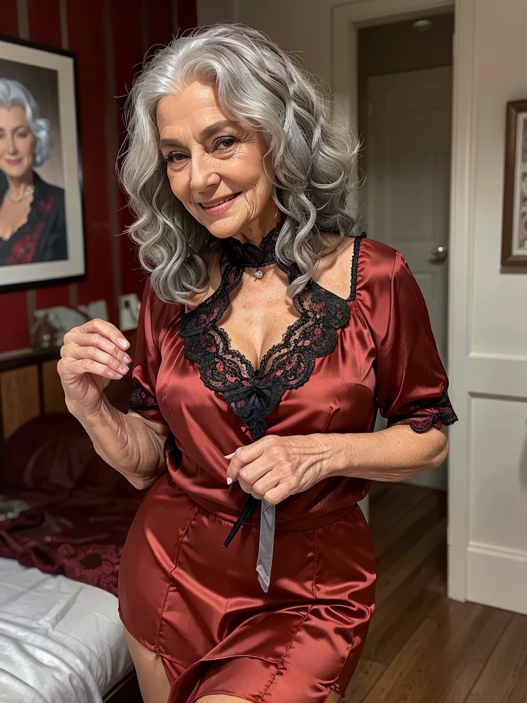 Mature old woman 80 years with curly silver hair, plus size, old face and body with many wrinkles, smiling, loose skin, standing at bedroom posing for photo, She satin black blouse with red print and large neckline, short skirt and lace stockings, side view. jaw dropping mature older beauty, old face and body with wrinkles, old face, attractive grandma, a gorgeous old hair, beautiful old grandma, lovely older mature grandma, gorgeous beautiful grandma over 80 years old, beautiful curly silver hair grandma, beautiful detailed body and face, a beautiful old granny