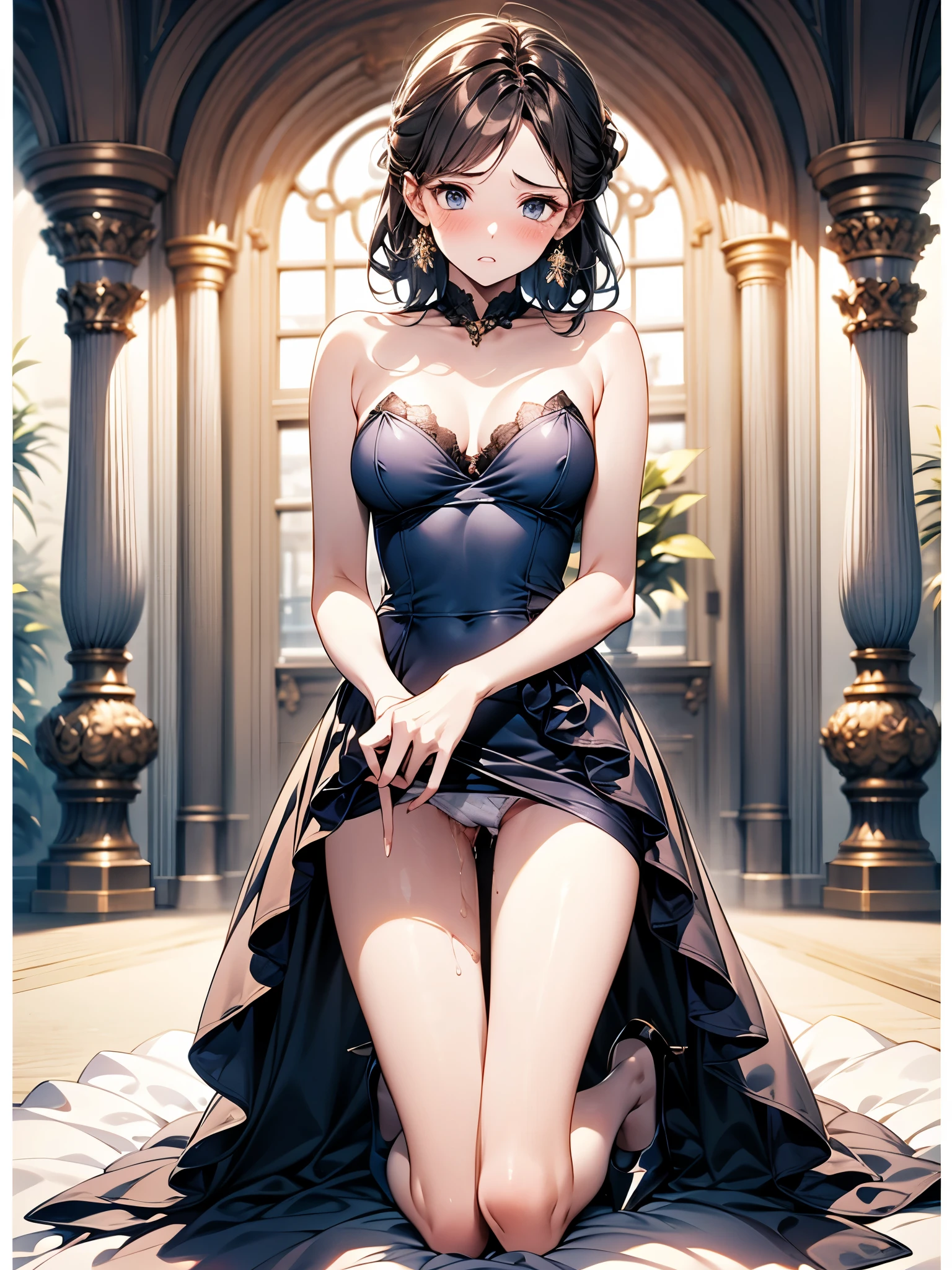 (1 person、alone:1.1), Beautiful woman, Anatomically perfect body, Slender、Knitted dress, midi dress, (Look down:1.2), (detailed panty), (Pussy juice:1.1)、22 years old、(Highest quality)、Black Hair, (half updo, Formal hairstyle:1.2), bedroom、(8K, High resolution)、(shy:1.4)、medium breast, Thin legs、Small Ass、(steam:1.1), (embarrassed:1.3), sit、Bend your knees, (High heels)、High definition beautiful face