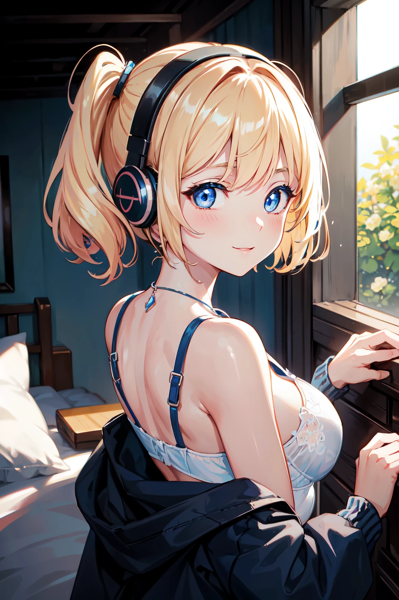 Absurd, (solo:1.5,)Ultra-detailed,Bright colors, Very beautiful and detailed anime faces and eyes, View from the front, ;D, Shiny_skin,Age 25, short hair, , Asymmetrical bangs, Blonde hair in short pigtails, Shiny髪, Delicate beautiful face, blush、(Deep blue eyes:1.4)、Smile、Small Necklace、hair with delicate and complex lines, Fleeting Colors, 2020 Kantoku-style painting, Tessellation, Large Breasts, Cleavage, (View your viewers), (look back), Headphones, Wireless Headphones, Wide Shot, From behind, lingerie, White bra, White panties, indoor