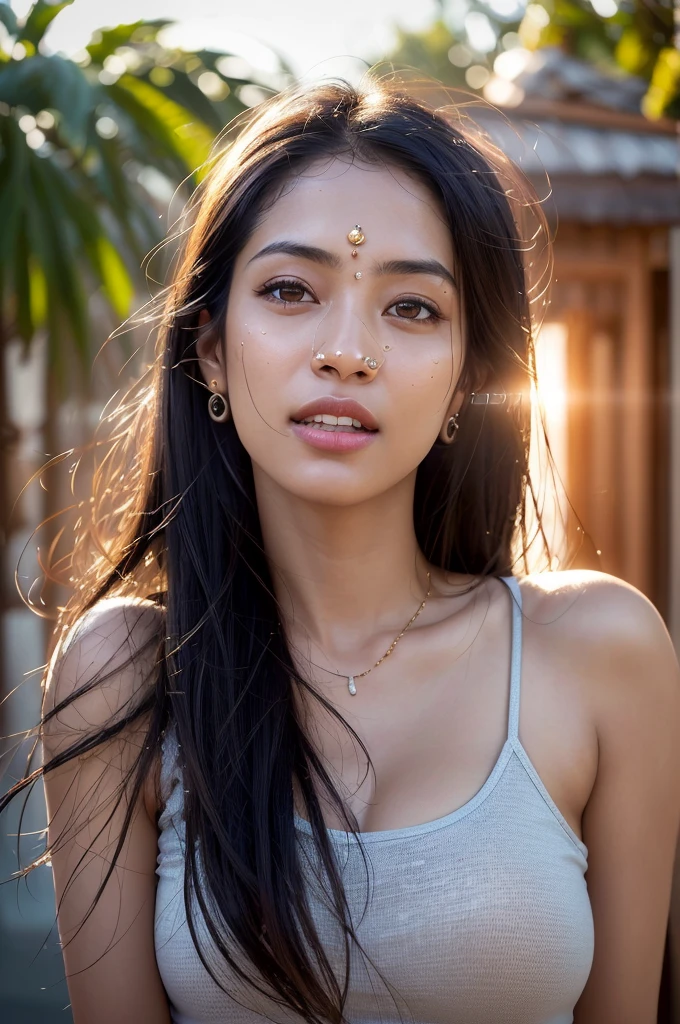 dressed, (photo realistic:1.4), (hyper realistic:1.4), (realistic:1.3),
(smoother lighting:1.05), (increase cinematic lighting quality:0.9), 32K,
Indian grils1girl,20yo girl, realistic lighting,nidian haus backlighting, with indian lahaga bindi and jewelry face,  ray trace, (brightening light:1.2), (Increase quality:1.4),
(best quality real texture skin:1.4), finely detailed eyes, finely detailed face,
(tired and sleepy and joy), (laugh:0), face closeup, t-shirts,
(Increase body line mood:1.1), (Increase skin texture beauty:1.1)