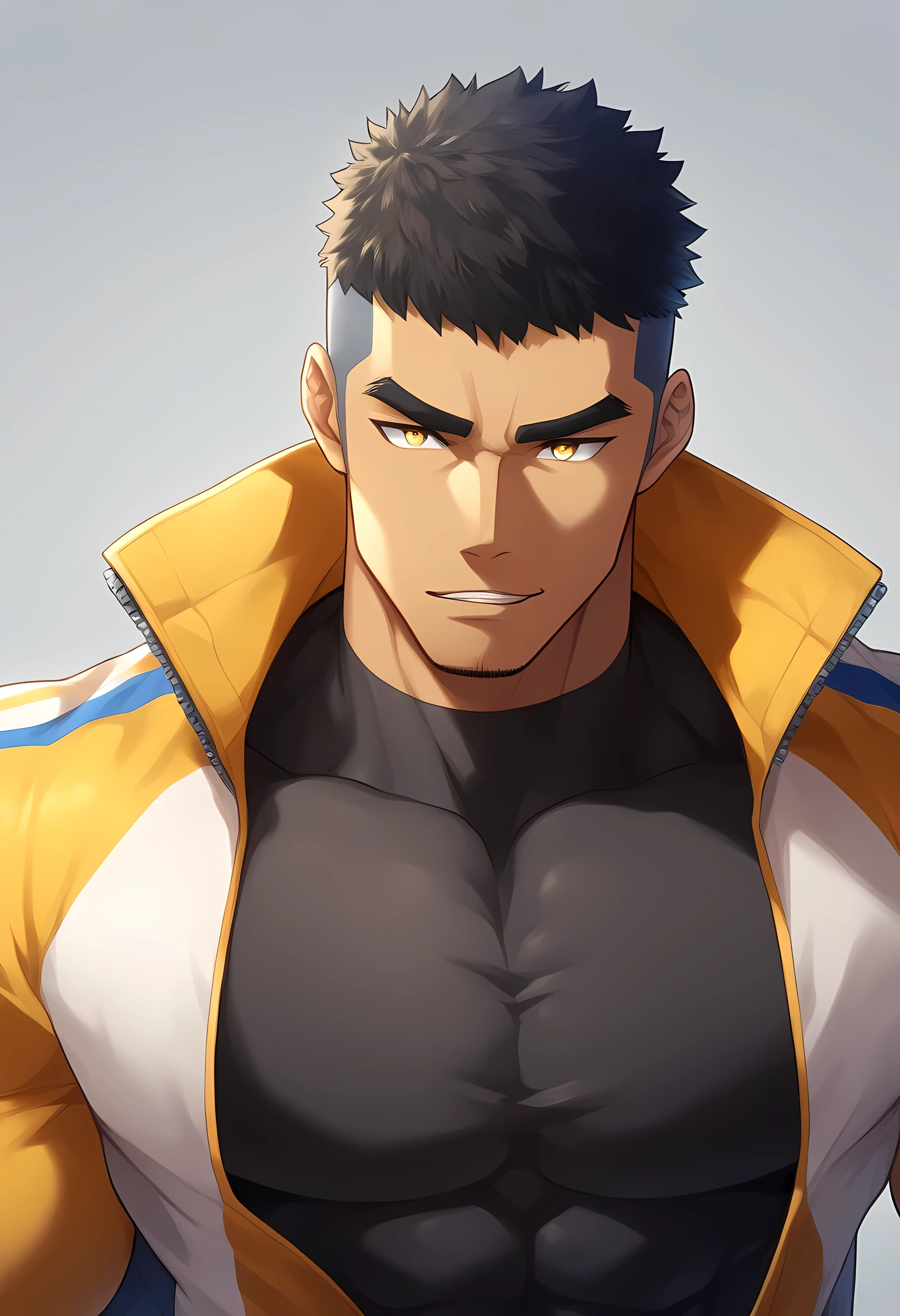 anime characters:Gyee, Muscle Sports Student, negro black skin, 1 dark skin muscular tough guy, Manliness, male focus, Light yellow high collar long sleeve tight T-shirt, Wear a sports jacket, Very tight, Round, full and perky chest muscles, Slightly transparent, muscular male, muscular, only, Upper body, alone, Black short hair, Thick eyebrows, stubble, Yellow eyes, Grey background, simple background, amazing quality, best aesthetics, Ridiculous, bright pupils, crew cut, parted lips, seductive smile, torogao, naughty face, drop shadow, best quality
