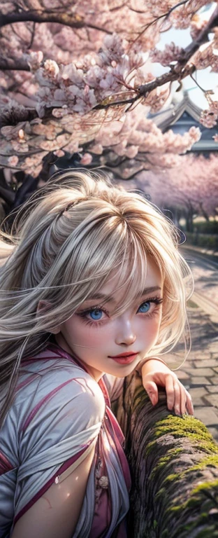 High quality 16K,ultra realistic, masterpiece of Japanese painting, watercolor, waist portrait, in wall tones, 1 girl, 25years,( Perfectly beautiful face, big blue eyes 1. 2, long eyelashes, chic long hair (white1.1,( Dynamic wind hair)),small slightly upturned nose, glossy plump lips (mouth relaxed and slightly open)) ,(approaching perfection) /hiding smiling near a cherry blossom tree, (looks at the camera, (looking out, bending over a branch of cherry blossoms)) ./ spring, evening, dynamics of sakura petals (slight wind). /spring, morning, happiness, sun. 