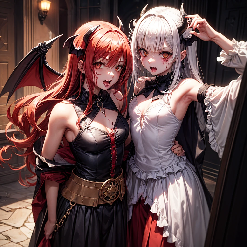His chest was covered in blood、Anime girl with blood dripping from her chest, gapmoe Yandere grimdark, Devil anime girl, Shatia Bradfren, Bad guy anime 8k, Yandere intricate, portrait gapmoe Yandere grimdark, Vampire Girl, bloody + Concept Art, Yandere, Anime style 4k, Open mouth and bite，Blood at the corner of mouth，Small tiger teeth，Devil Wings， Gothic girl anime long skirt，Red Moon，castle