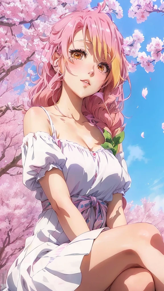 masterpiece, best quality, ultra detailed, 1 girl, solo, extremely detailed, amazing, fine detail, highly detailed woman, (extremely detailed eyes and face), solo_focus, ((pink chemise)), medium breast, multicolored hair, blush, shy, sitting, cherry blossom field, depth of field, from side, dreamy expression,