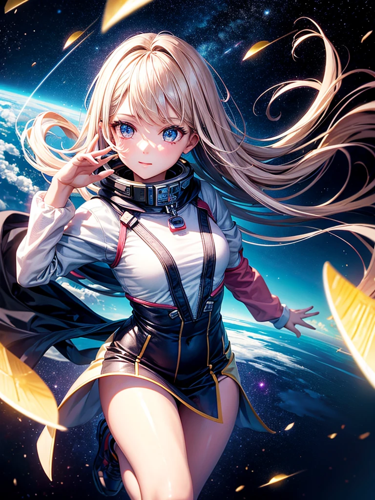 Highest quality,Highest Resolution,A beautiful android girl flying in space,Earth in the background,