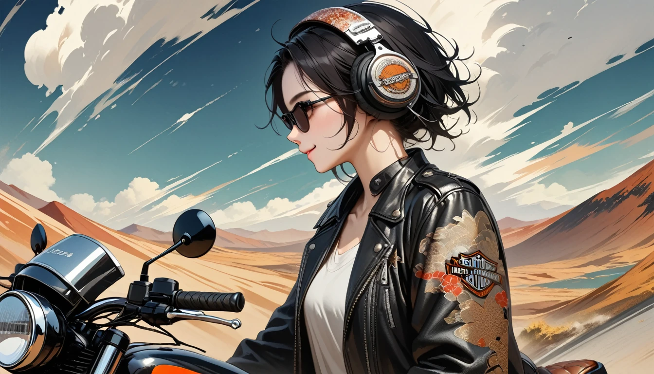 ((8k of extremely detailed CG unit, Masterpiece, high resolution, highest quality, highest quality real texture skin)), (((profile))), (((Japanese pattern leather jacket))), (((Harley-Davidson))), (((Japanese style headphones))), (((sunglasses))), (((Smiling while driving a motorcycle))), (((Japanese patterned helmet))), ((1 girl)), (Black hair, messy hair, beige skin), (surreal, digital painting), (((Upper Body)))