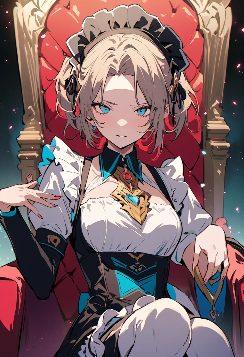 masterpiece, Highest quality, Illustration of the novel, High resolution, 18+ Adult content, Sensual, Intimate, Emotional, Passionate, romantic, sweet, Adorable, Innocent, Pure, Charmな, Charmな, Charm, mysterious, Charmな, Charmな, Immersive, Charmな, dream-like, Surreal, Imaginative, Whimsical, Artistic, Avant-garde, timeless, elegant, Sophisticated, chic, Sophisticated, personality, original, Charmな,((Maid clothes:1.3)),((Throne of Power,Throne of Power:1.3))((Upper Body:1.3))