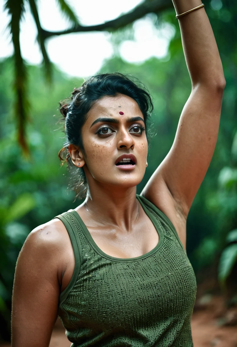 Face of PV Sindhu and Tapsee Pannu, perfect thick dusky Beauty, dynamic lighting, wearing olive green Knit Cami top, She is the combination of Beauty and power, detailed hairy armpits, super hot cop, mascular Woman doing exercise, movie stills, cinematic portrait, cinematic Lightning, Highest quality, (dramatic lighting:0.7), masterpiece, high angle shot, perky breast, big tight breast, RAW photo of (pale 45 year old military Special Force woman with short styled hair, mascular woman with heavy physique, looking up at the viewer), cute, Extremely sweat, (wearing sleeveless square neck vest, thin cotton ), doing free hand excercise in a military camp in jungle, portrait, perfect face, beautiful eyes, vivid detail, (highly detailed skin), freckles, sfw, (blue tint:0.6), (dirty:0.8), (bloody:0.7), key lighting, (backlighting:0.5), medium depth of field, photographed on a Canon 5D, 50mm lens, F/4 aperture, (hyperdetailed, intricate details), sharp focus, muted colors, 8k, absurdres, 8mm film grain, war photography, perfect eyes, detailed eyes, sharp focus,