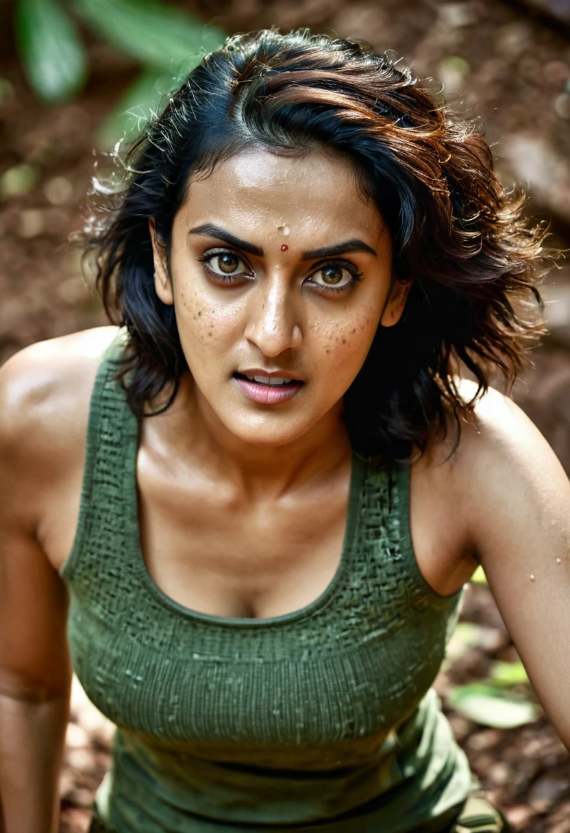 Face of PV Sindhu and Tapsee Pannu, perfect thick dusky Beauty, dynamic lighting, wearing olive green Knit Cami top, She is the combination of Beauty and power, detailed hairy armpits, super hot cop, mascular Woman doing exercise, movie stills, cinematic portrait, cinematic Lightning, Highest quality, (dramatic lighting:0.7), masterpiece, high angle shot, perky breast, big tight breast, RAW photo of (pale 45 year old military Special Force woman with short styled hair, mascular woman with heavy physique, looking up at the viewer), cute, Extremely sweat, (wearing sleeveless square neck vest, thin cotton ), doing free hand excercise in a military camp in jungle, portrait, perfect face, beautiful eyes, vivid detail, (highly detailed skin), freckles, sfw, (blue tint:0.6), (dirty:0.8), (bloody:0.7), key lighting, (backlighting:0.5), medium depth of field, photographed on a Canon 5D, 50mm lens, F/4 aperture, (hyperdetailed, intricate details), sharp focus, muted colors, 8k, absurdres, 8mm film grain, war photography, perfect eyes, detailed eyes, sharp focus,