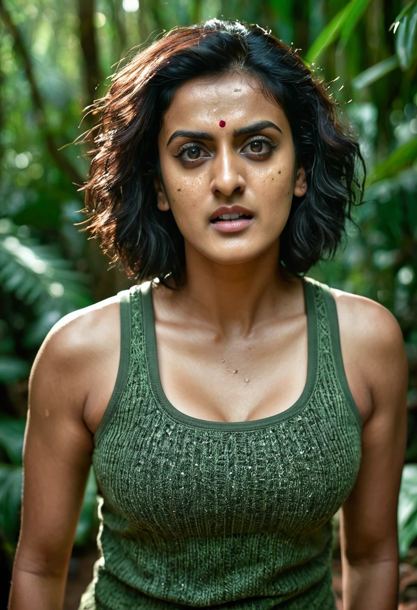 Face of PV Sindhu and Tapsee Pannu, perfect thick dusky Beauty, dynamic lighting, wearing olive green Knit Cami top, She is the combination of Beauty and power, detailed hairy armpits, super hot cop, mascular Woman doing exercise, movie stills, cinematic portrait, cinematic Lightning, Highest quality, (dramatic lighting:0.7), masterpiece, high angle shot, perky breast, big tight breast, RAW photo of (pale 45 year old military Special Force woman with short styled hair, mascular woman with heavy physique, looking up at the viewer), cute, Extremely sweat, (wearing sleeveless square neck vest, thin cotton ), doing free hand excercise in a military camp in jungle, portrait, perfect face, beautiful eyes, vivid detail, (highly detailed skin), freckles, sfw, (blue tint:0.6), (dirty:0.8), (bloody:0.7), key lighting, (backlighting:0.5), medium depth of field, photographed on a Canon 5D, 50mm lens, F/4 aperture, (hyperdetailed, intricate details), sharp focus, muted colors, 8k, absurdres, 8mm film grain, war photography, perfect eyes, detailed eyes, sharp focus,