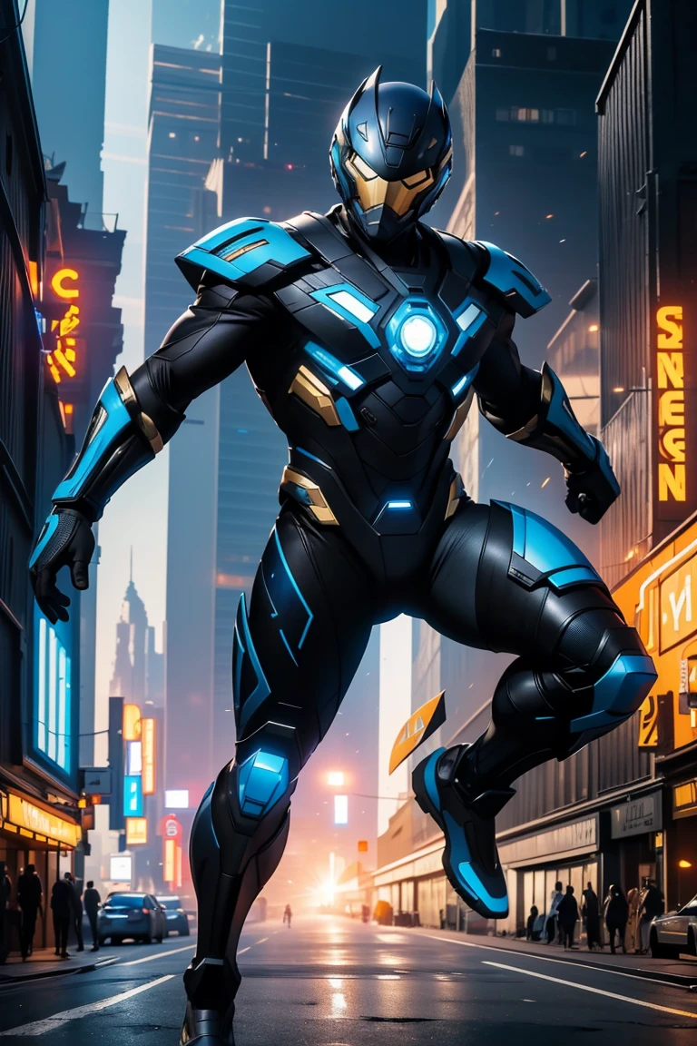 (Best Quality),(Masterpiece),(ultra detailed),(4k resolution),(extremely detailed),abstract expressionist painting "hyperion", superhero with the power to run fast, digital paint, Concept art portrait of the character, (black suit with blue), full face helmet, Big city, whole body
