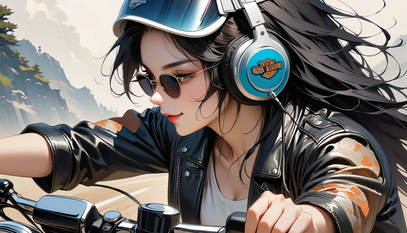 ((8k of extremely detailed CG unit, Masterpiece, high resolution, highest quality, highest quality real texture skin)), (((profile))), (((Japanese pattern leather jacket))), (((Harley-Davidson))), (((Japanese style headphones))), (((sunglasses))), (((Smiling while driving a motorcycle))), (((Japanese patterned helmet))), ((1 girl)), (Black hair, messy hair, beige skin), (surreal, digital painting), (((Upper Body)))