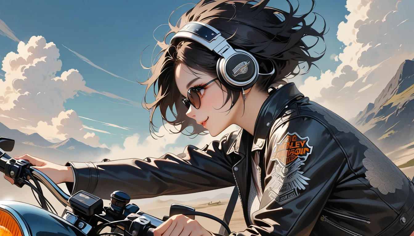 ((8k of extremely detailed CG unit, Masterpiece, high resolution, highest quality, highest quality real texture skin)), (((profile))), (((Japanese pattern leather jacket))), (((Harley-Davidson))), (((Japanese style headphones))), (((sunglasses))), (((Smiling while driving a motorcycle))), (((Japanese patterned helmet))), ((1 girl)), (Black hair, messy hair, beige skin), (surreal, digital painting), (((Upper Body)))