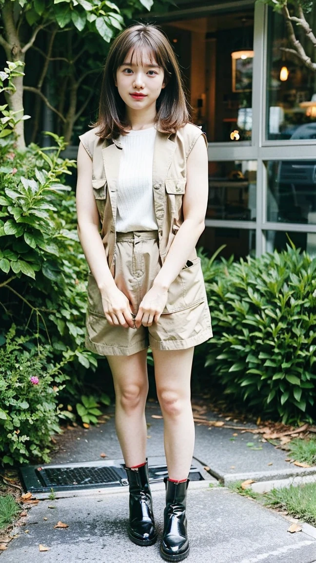 (8k、RAW Photos、Highest quality、masterpiece:1.2)、(Realistic、Realistic)、1 girl、((In town、smile、Big Breasts、tights、Sleeveless、Shorts、boots、Look forward、Stand with hands on hips))、