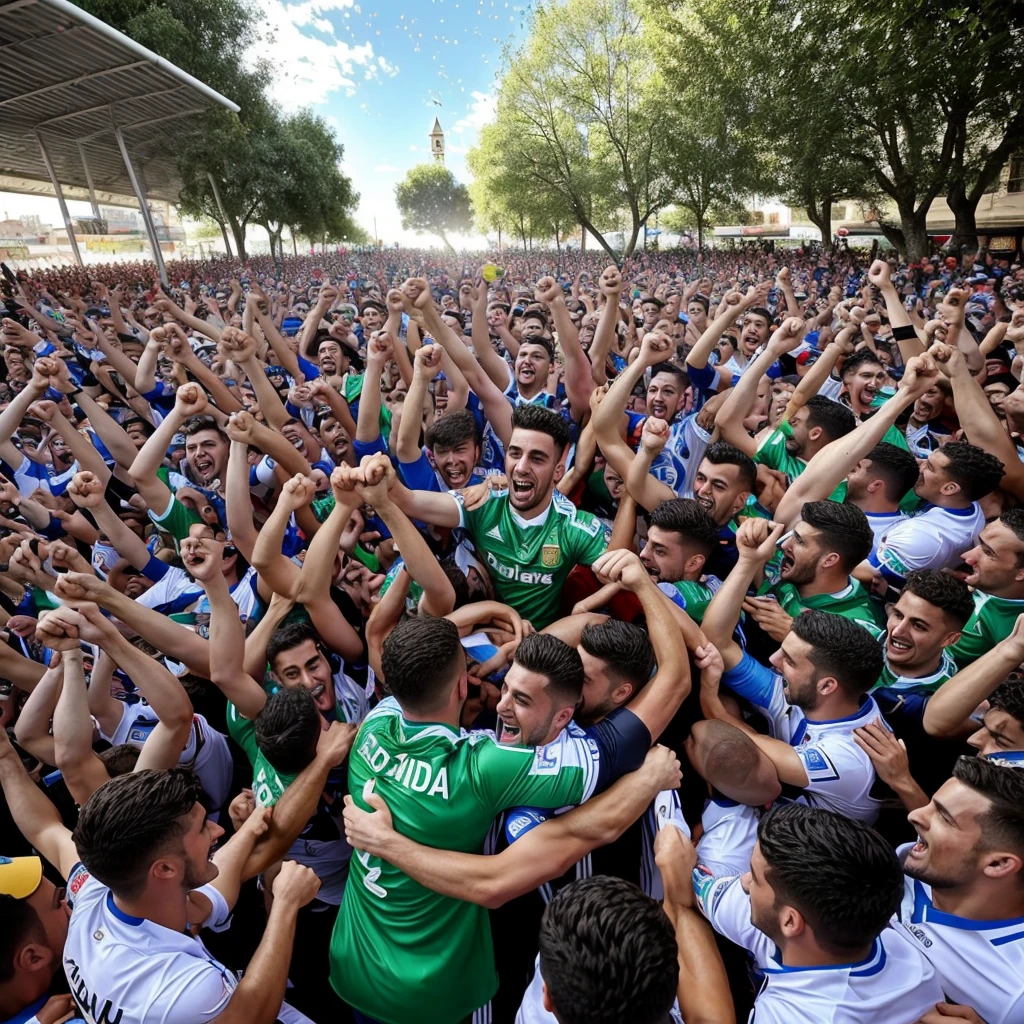 General description:
* scene: A group of people celebrating the promotion of Córdoba CF to the second division
* Emotion: happiness, euphoria, triumph.
* colors: White and green colors predominate.
* elements:
* Team players hugging, lifting trophies or hearts, jumping for joy.
* Fans celebrating in the stands or in the street.
* Letters, flags and other festive elements with the name and logo of Córdoba CF .
* Confetti, fireworks or other special effects.
Examples of sentences:
* "Champions! The team celebrates its promotion in a night full of joy and emotion."
* "Tears of joy and hugs of champions: This is how the team rises."
* "Euphoria unleashed: the city throws itself into celebrating the team's promotion."
* "A dream come true: The team achieves promotion after a season full of effort and sacrifice."
* "Endless party! The team and its fans celebrate the promotion in style."
Additional details:
* You can specify the sport your team plays.
* You can include the name of the team and the championship they have won.
* You can mention some of the highlights of the season.
* Can you describe the reaction of the fans to the promotion?.
