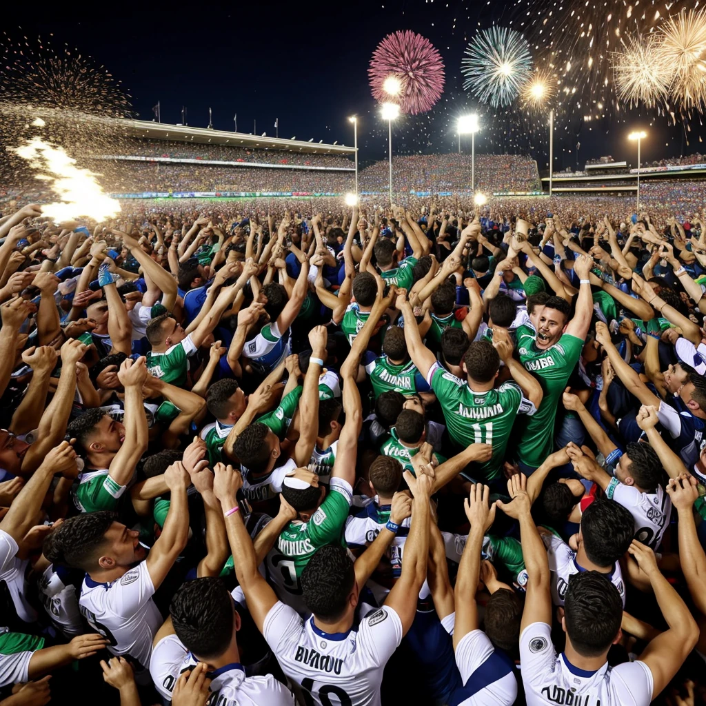 General description:
scene: A group of people celebrating the promotion of Córdoba CF to the second division
Emotion: happiness, euphoria, triumph.
colors: White and green colors predominate.
elements:
Team players hugging, lifting trophies or hearts, jumping for joy.
Fans celebrating in the stands or in the street.
Letters, flags and other festive elements with the name and logo of Córdoba CF .
Confetti, fireworks or other special effects.
Examples of sentences:
"Champions! The team celebrates its promotion in a night full of joy and emotion."
"Tears of joy and hugs of champions: This is how the team rises."
"Euphoria unleashed: the city throws itself into celebrating the team's promotion."
"A dream come true: The team achieves promotion after a season full of effort and sacrifice."
"Endless ! The team and its fans celebrate the promotion in style."
Additional details:
You can specify the sport your team plays.
You can include the name of the team and the championship they have won.
You can mention some of the highlights of the season.
Can you describe the reaction of the fans to the promotion?.