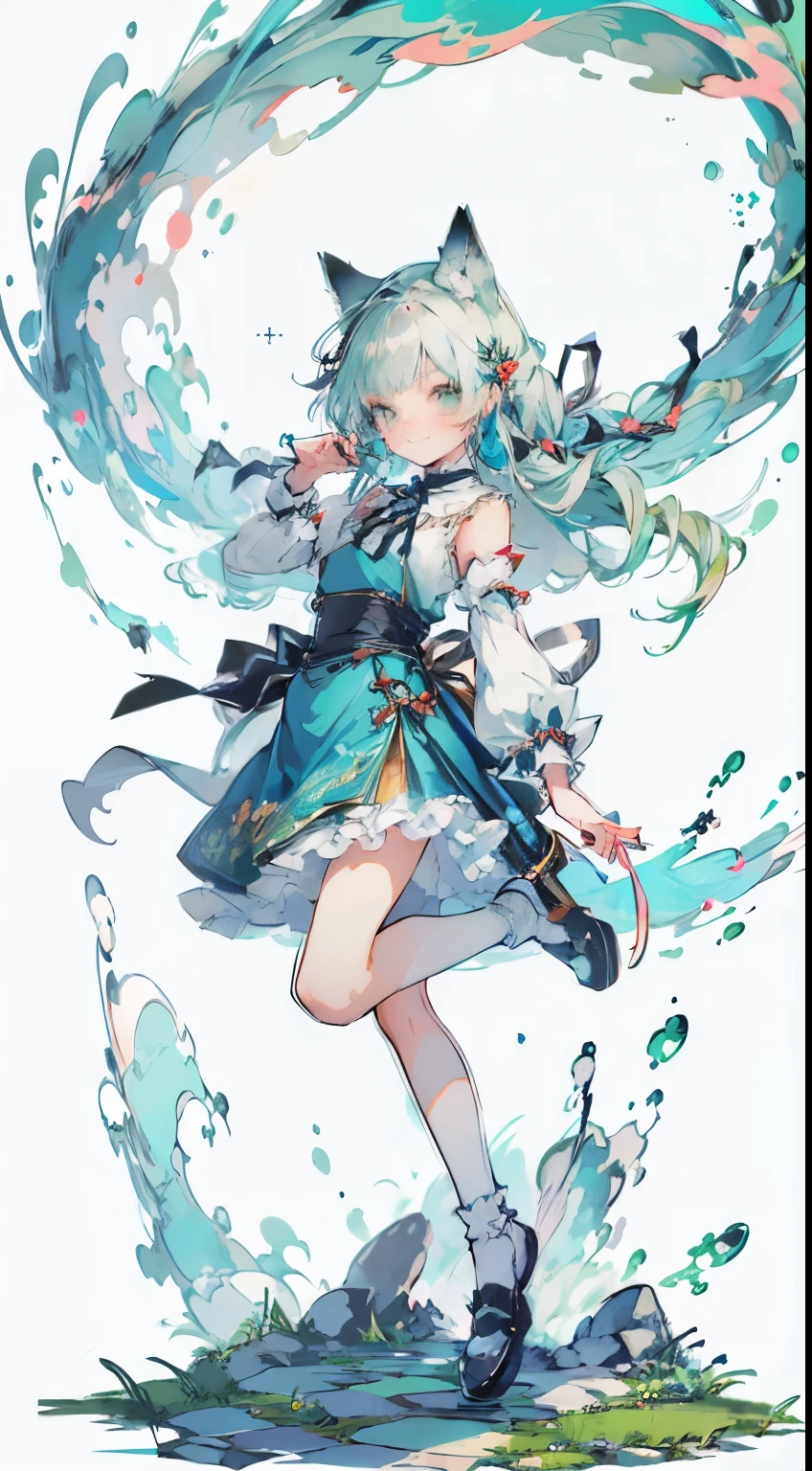 ((Tabletop, Highest quality: 1.1), ((Anime girl in a blue dress holding a magic wand)), art nouveau、Anime Cat girl in maid outfit, , ((Green hairs))、Long-haired、((Shining jewel-like eyes Long eyelashes Transparency))、Very Beautiful Anime Cat girl, Anime cat girl, ((White knee-high socks)), Attractive cat girl, Works influenced by Leiko Ikemura, Takano Aya color style, in ryuuou no oshigoto art style, Cat girl, Favorite character, rei hiroe、With a smile