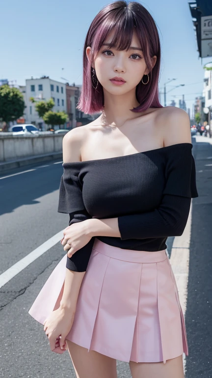 (((masterpiece:1.4, highest quality:1.4, 8K, ultra high resolution, Physically based rendering))), full body portrait, super beautiful sexy woman, perfect style body, 24-years-old, (fine big eyes), fine thin eyebrows, eye highlights, (dark brown half up hair, hair behind the ear), Highly detailed face and skin texture, clear focus:1.2, Slender beauty:1.4, ((huge and beautiful breasts:1.7, exposed chest)), slim abs:1.1, tight waist:1.2, clear facial features, (no makeup), (((off shoulder, No sleeve:1.2, Cropped Black Sweater:1.4, underboob:1.2))), (((Metallic Holographic Purple High Waist Pencil Mini Skirt, skirt lift:1.6, long and beautiful legs))), (transparent black knee high stockings), ((No panties)), (((Detailed beautiful pussy exposed:1.4, pubic hair:1.5, cum in pussy:1.5, Cloudy liquid drips from the pussy to the thighs))), put your hands on your head, (lift her chin:1.2, open your mouth), (from below), (looking at the viewer:1.1), (smile:1.2), (spread your legs wide, facing forward), ((The best time to see cherry blossoms at night:1.4, SakuraFubuki:1.4, Scattering cherry blossoms, Standing in the middle of cherry blossoms in full bloom:1.8, shine of street lights:1.5)), ((Glowing particles dancing in the night sky:1.4, incredible sky:1.2))、((spread legs:1.5))、((Sticking a dildo into her pussy:1.5))