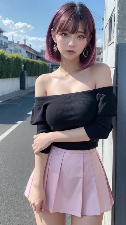 ((Highest quality)),((最high resolution)),((high resolution)),((detailed)),((High definition)),((8K)),((Perfect body)),((Perfect Face)),((Realistic)),((Real)),((Realistic)),((Beauty)),Korean、Stylish cityscape、Outdoor、blue sky、Black Hair、((Pink hair tips))、big breasts、Straight long hair、Very dense makeup、((Bangs cut in a straight line))、Black Mini Skirt、Black ruffled off-the-shoulder top、Cross your arms、Slanted Eyes