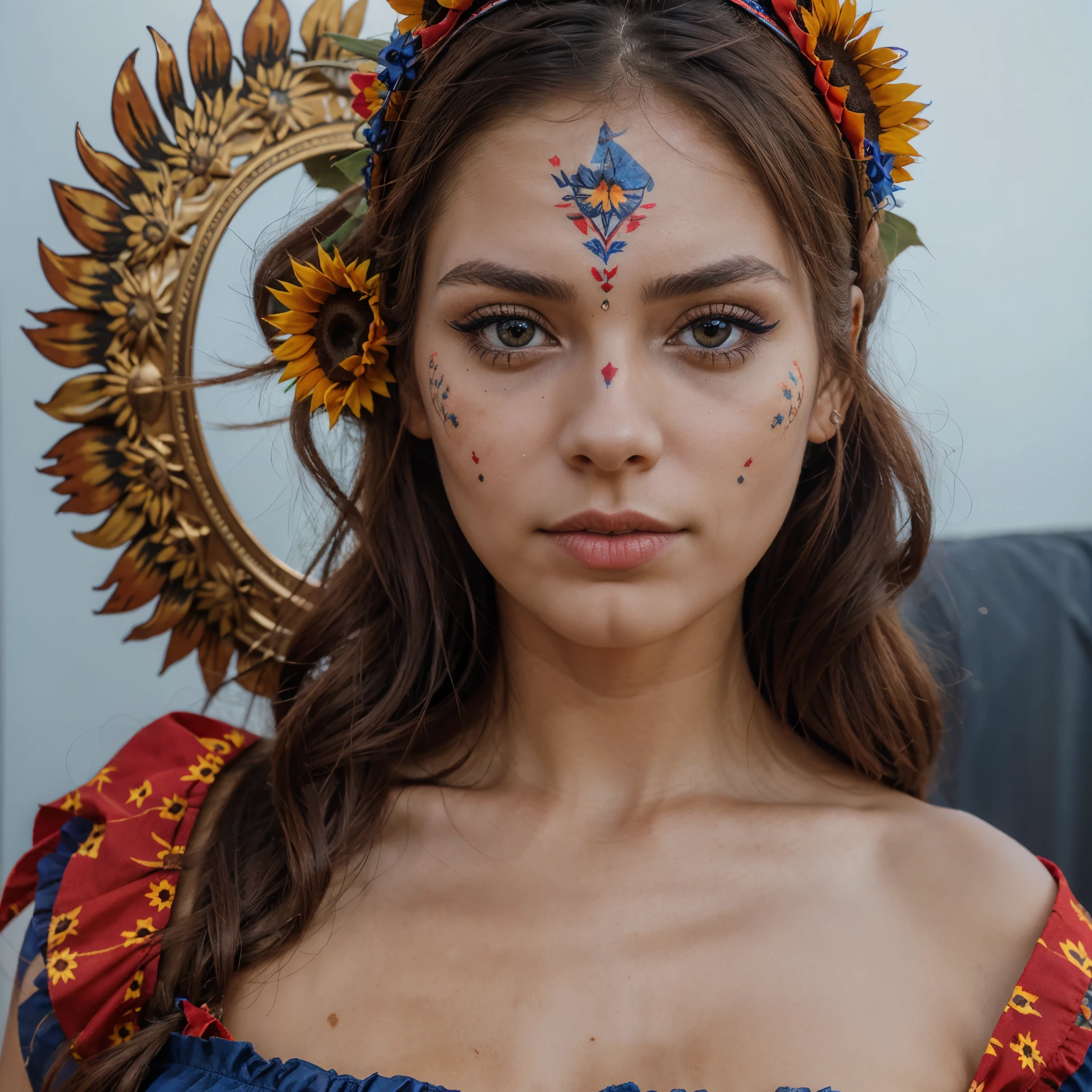 very beautiful girl, beautiful bright brown eyes, framed face, nordic facial features, day of the dead catrina makeup, (red and blue sunflowers on her headband)