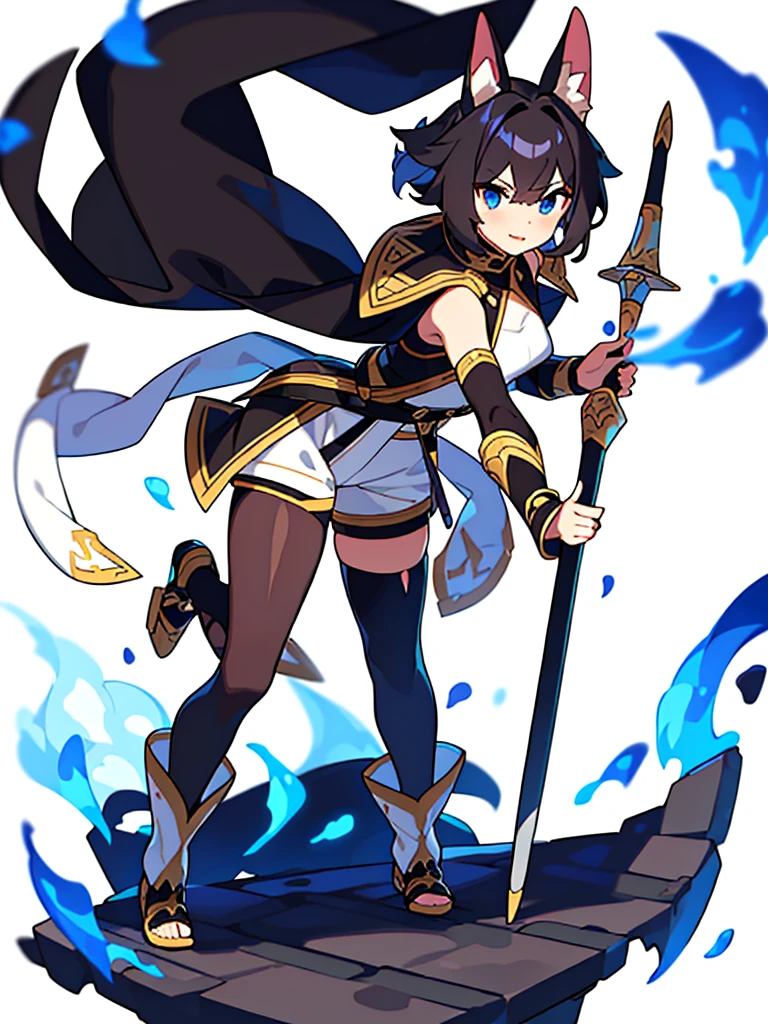 solo female, standing, (((blurry background, white background))), character focus, fantasy clothes, character design, shorts, holding weapon, black hair, bangs, folded over dog ears, black curled tail, dog tail, blue eyes, canine iris, puppy ears, shaggy hair, shoulder length, ponytail, long hair, black cape