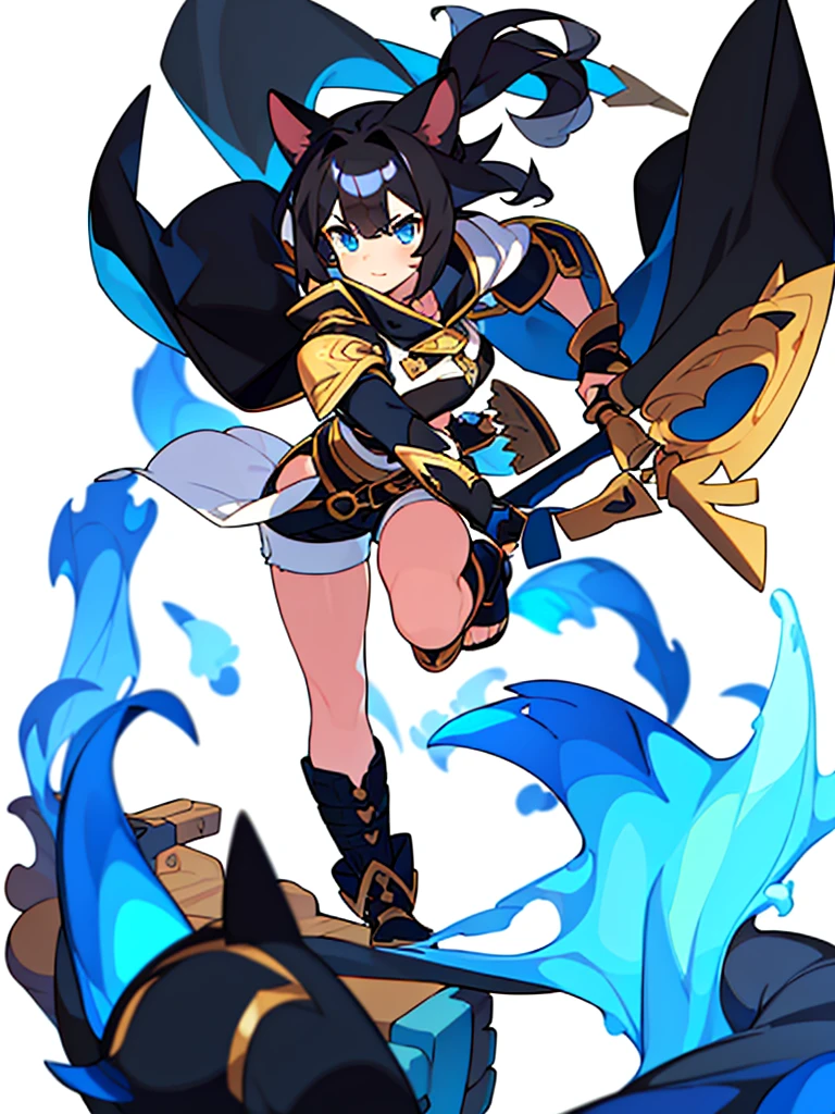 solo female, standing, (((blurry background, white background))), character focus, fantasy clothes, character design, shorts, holding weapon, black hair, bangs, folded over dog ears, black curled tail, dog tail, blue eyes, canine iris, puppy ears, shaggy hair, shoulder length, ponytail, long hair, black cape