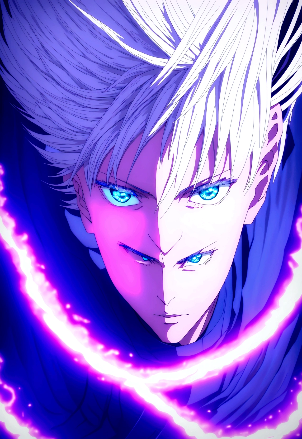 a boy with white hair and blue eyes, striking blue and red outfit, ethereal glowing aura, dynamic pose, intricate detailed fantasy character, digital painting, cinematic lighting, hyper detailed, 8k, dramatic composition, moody color palette, vibrant neon tones