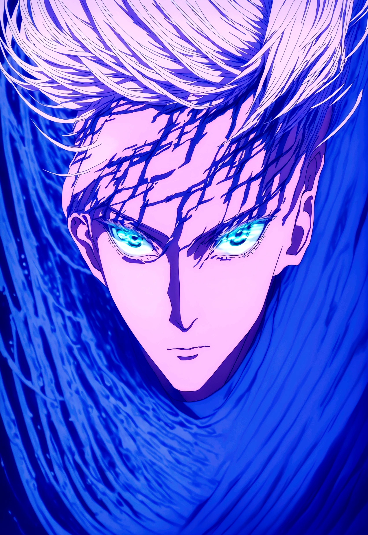 a boy with white hair and blue eyes, striking blue and red outfit, ethereal glowing aura, dynamic pose, intricate detailed fantasy character, digital painting, cinematic lighting, hyper detailed, 8k, dramatic composition, moody color palette, vibrant neon tones
