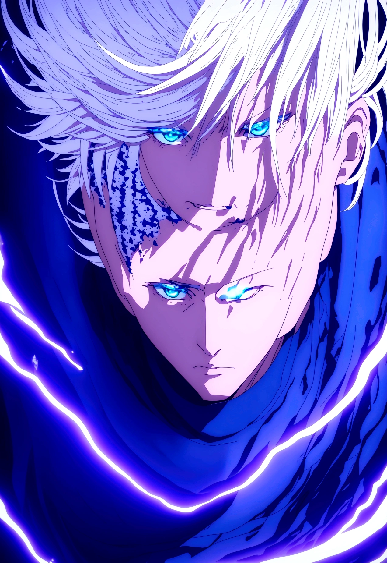 a boy with white hair and blue eyes, striking blue and red outfit, ethereal glowing aura, dynamic pose, intricate detailed fantasy character, digital painting, cinematic lighting, hyper detailed, 8k, dramatic composition, moody color palette, vibrant neon tones