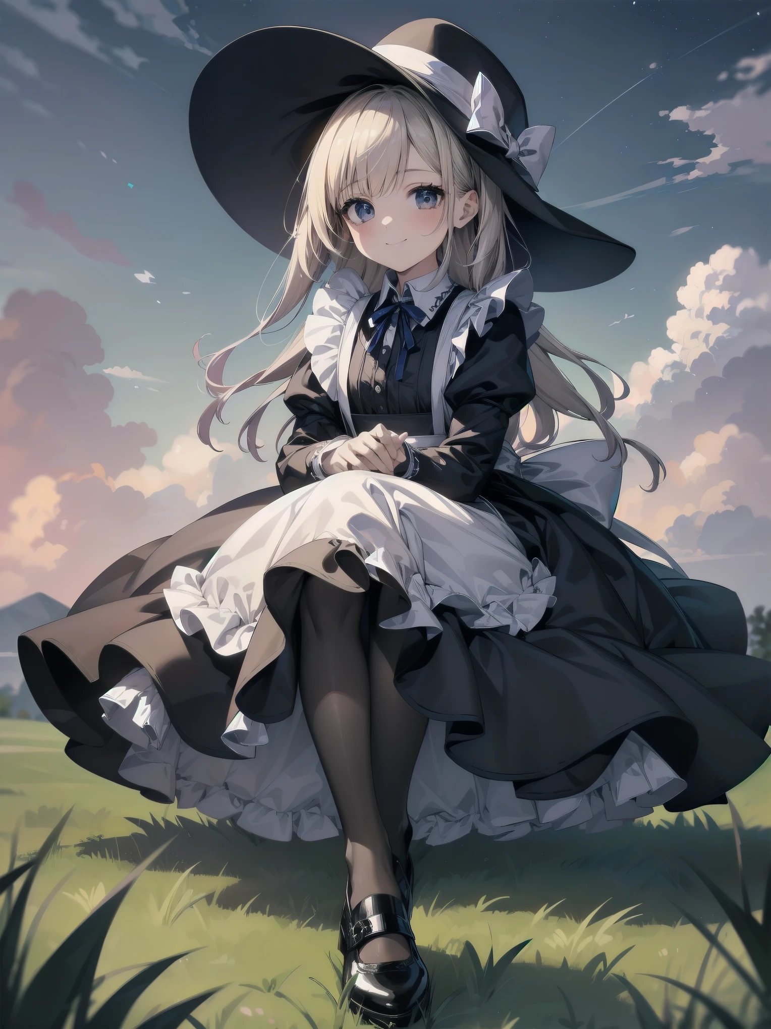 ((Very fine, Very fine CG Unity 8k Wallpaper, High Resolution, Absurd, Beautiful fine details, Very fine hair)), ((Masterpiece)), Outdoors, Sky, Clouds, Grass, ((Beautiful fine details)), Fashionable, One Girl, A smiling under the stars, a toddler wearing a maid hat with ruby accessories, she is wearing a white and black gothic maid dress with navy blue ribbon. Black stockings, black shoes, cute, super cute toddler maid