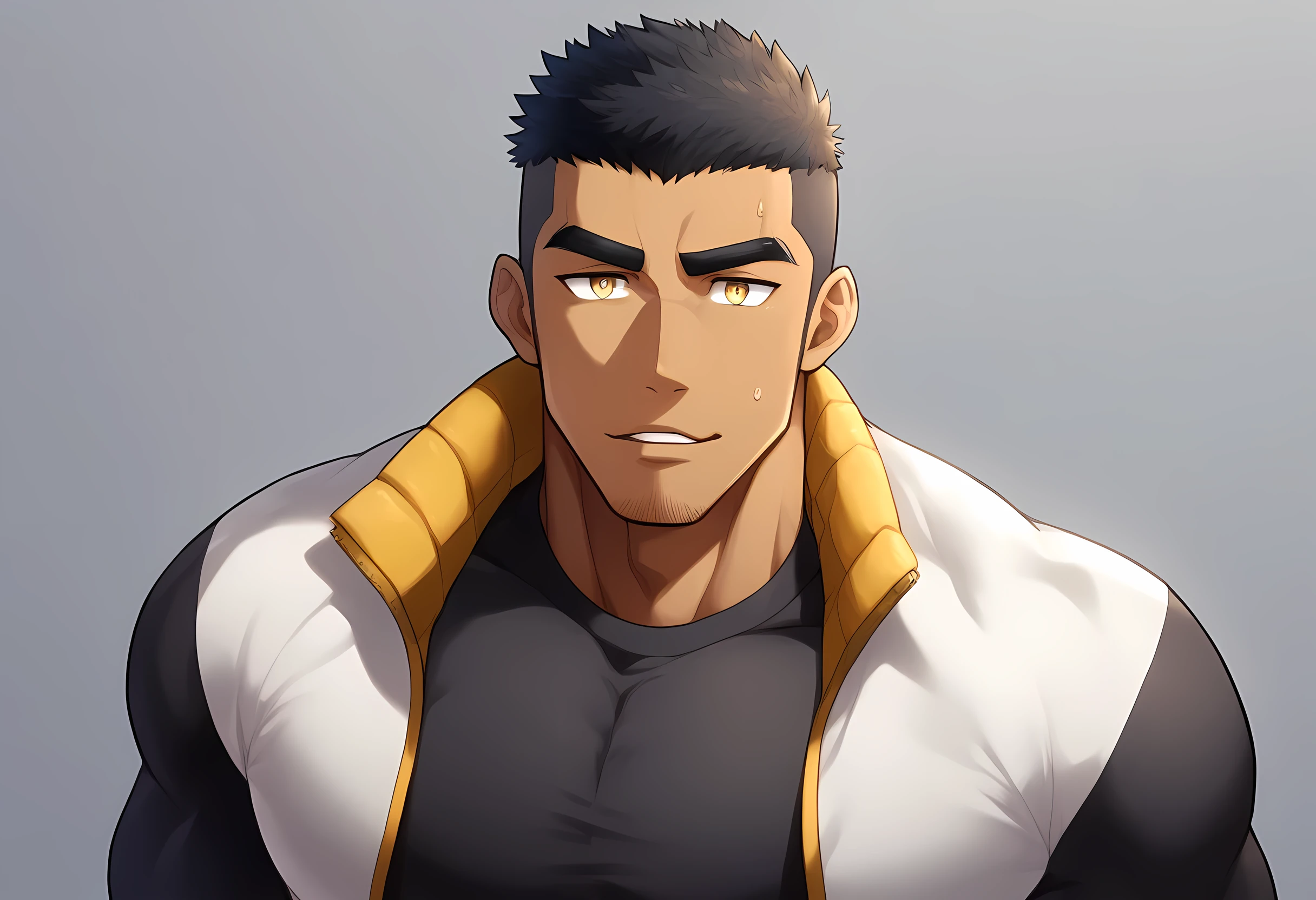 anime characters：Gyee, Muscle Sports Student, negro black skin, 1 dark skin muscular tough guy, Manliness, male focus, Light yellow high collar long sleeve tight T-shirt, Wear a sports jacket, Very tight, Round, full and perky chest muscles, Slightly transparent, muscular male, muscular, only, Upper body, alone, Black short hair, Thick eyebrows, stubble, Yellow eyes, Grey background, simple background, amazing quality, best aesthetics, Ridiculous, bright pupils, crew cut, parted lips, seductive smile, torogao, naughty face, drop shadow, best quality