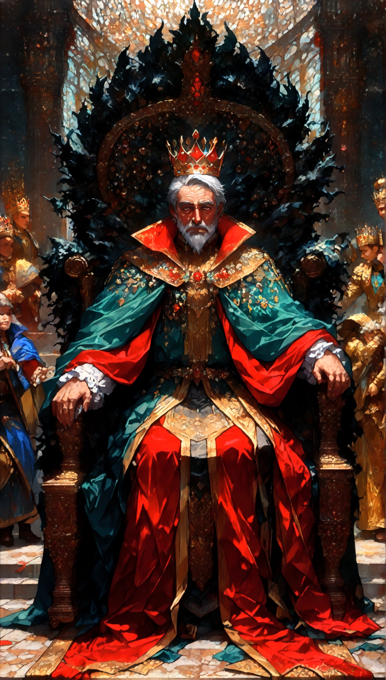 Throne room scenery,oil painting style,king sitting on the throne,Subjects prostrating,Subject's clothing details,There is a distance between the king's throne and his subjects.,BREAK,(The king is a middle-aged man,A king with absolute power who looks down on his subjects,deep in thought,dark circles under the eyes,He wears clothes and a cloak befitting a king.,the king wears a crown,He is a king with a cruel personality.,anatomically correct),BREAK,A painting depicting an era in history,paint with oil paint,structurally correct,create an artistic background,decadent,dark fantasy,awe,feeling of pressure,(masterpiece:1.3),(highest quality:1.4),(ultra detailed:1.5),High resolution,extremely detailed,unity 8k wallpaper