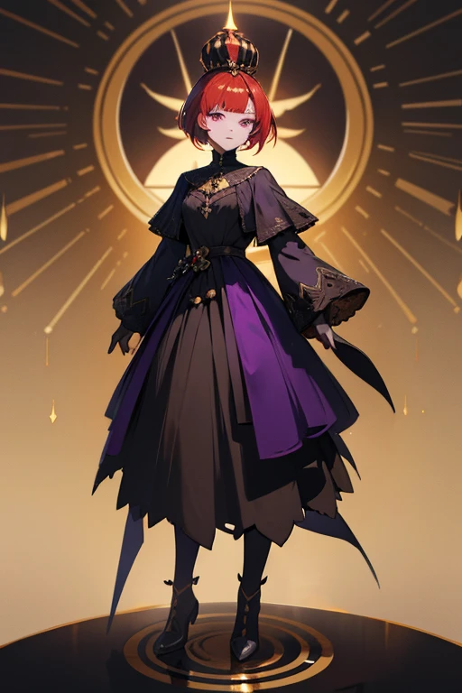 Red hair, long eyelashes, gold eyes, he would be , short hair, Elaborately crafted crown, Power stone with a great shine on the forehead. dark, sharp eyes, Elaborate clothing, vestidos griegos de colores darks, Full body esbian, distant view, high quality, bright shadows, elf, gothicca. purple eyes