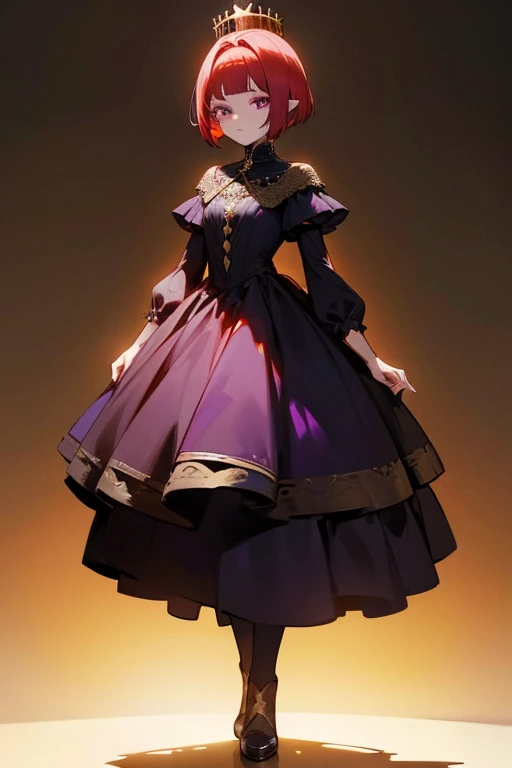 Red hair, long eyelashes, gold eyes, he would be , short hair, Elaborately crafted crown, Power stone with a great shine on the forehead. dark, sharp eyes, Elaborate clothing, vestidos griegos de colores darks, Full body esbian, distant view, high quality, bright shadows, elf, gothicca. purple eyes