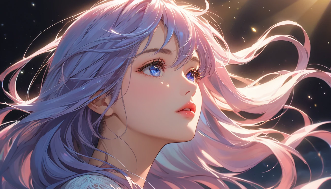 The woman, dressed casually, appears deep in thought with her gaze directed upwards, anime style, white background, detailed face, long flowing hair, dynamic pose, detailed eyes, detailed lips, extremely detailed face and features, cinematic lighting, vivid colors, delicate, ethereal