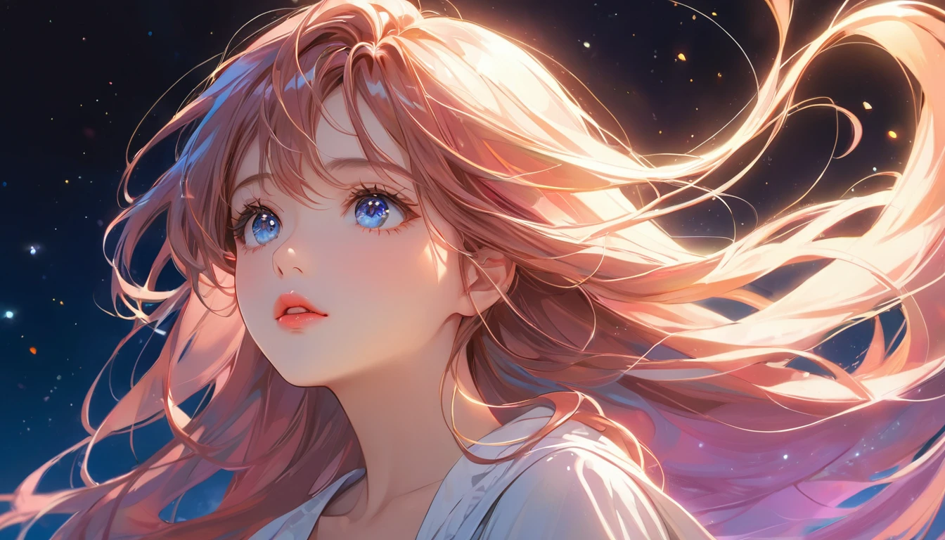 The woman, dressed casually, appears deep in thought with her gaze directed upwards, anime style, white background, detailed face, long flowing hair, dynamic pose, detailed eyes, detailed lips, extremely detailed face and features, cinematic lighting, vivid colors, delicate, ethereal