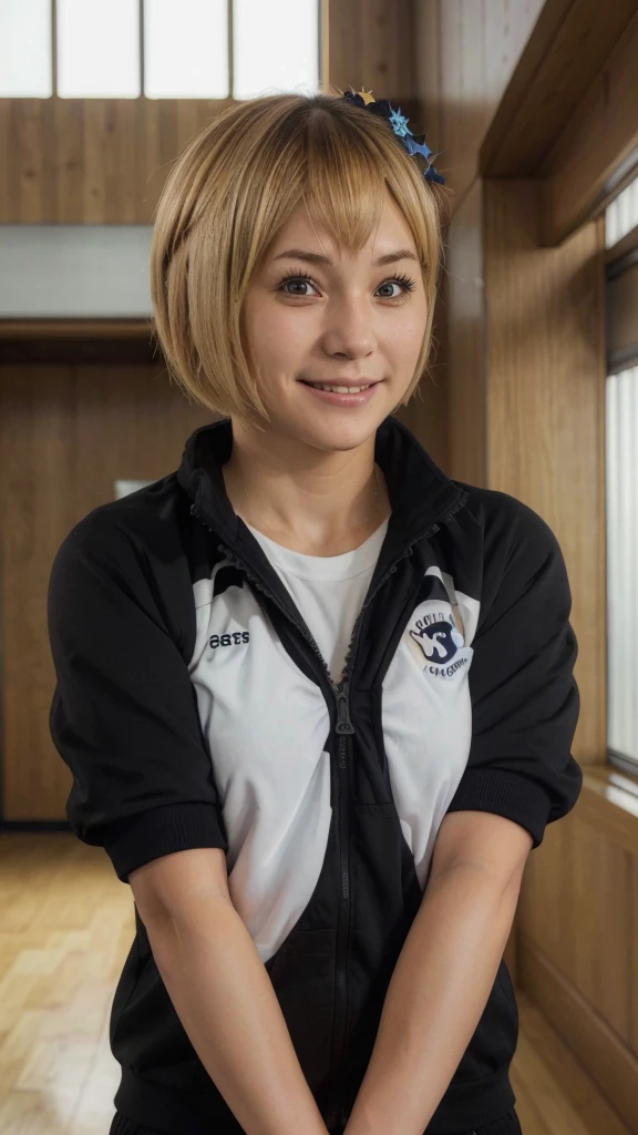 (masterpiece, best quality, high quality, highres, ultra-detailed), hitoka yachi, black-uniform, 1girl, solo, short hair, blonde hair, shirt, hair ornament, brown eyes, jacket, side ponytail, one side up, star hair ornament, light smile, looking at viewer, closed mouth,