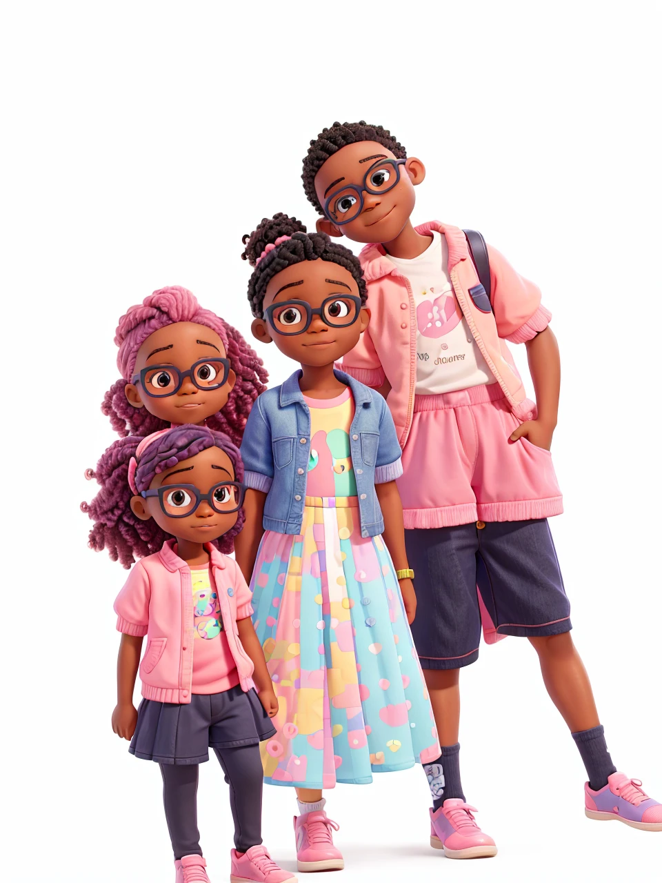 8 yr old black boy wearing ??? nerd glasses, 6 year old black girl wearing cute jean jacket with pastel colored puffy ballerina tutu dress and matching pink hairbow, 5 year old black boy wearing pink shirt and navy blue shorts, ebony sibling, black toddlers