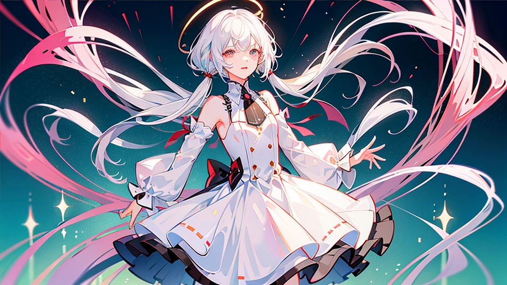 White hair, long, beautiful boy, cute, dress, androgynous, left eye white, right eye red, love, fleeting, unrequited love, solo White background