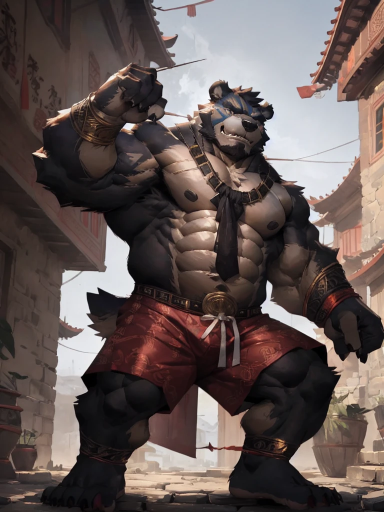 furry character，A very tall and strong bear，He was bare-chested and wearing a pair of cloth shorts，he is a chinese bandit boss，With a fierce look on his face，he is middle age，The Bandit Stockade，ancient style，clear eyes，by lindong