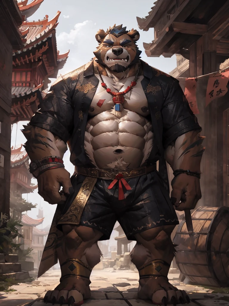 furry character,A very tall and strong bear,He was bare-chested and wearing a pair of cloth shorts,he is a chinese bandit boss,With a fierce look on his face,he is middle age,The Bandit Stockade,ancient style,clear eyes,by lindong