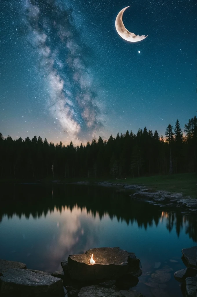 Deep woods、A crescent moon floating in a beautiful night sky
