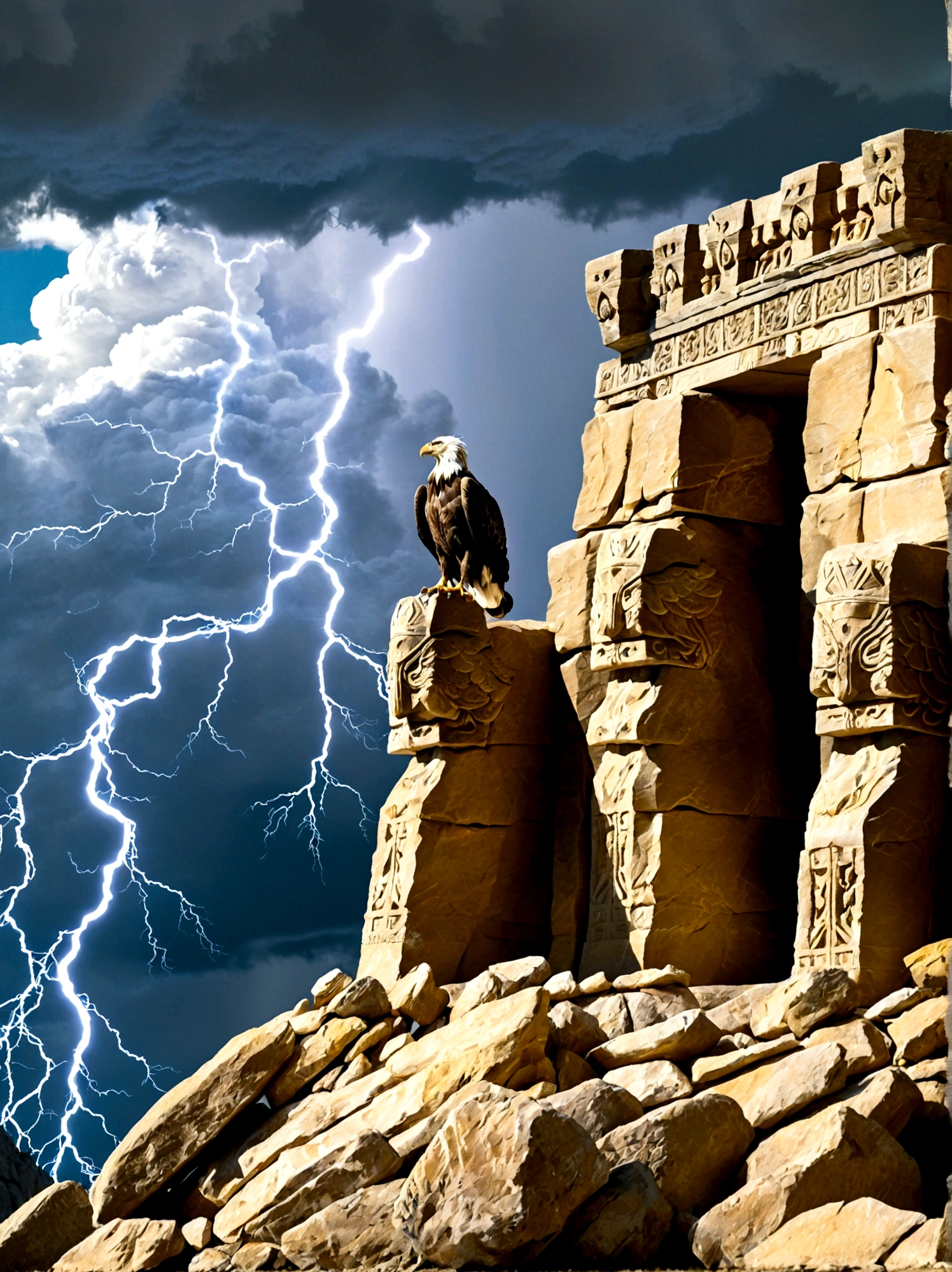 An ancient stone throne of power，Perched atop a towering cliff, The sky behind the throne indicates a coming storm，The wind swept violently over the cliffs，Push the loose rocks aside, An eagle, a symbol of power and majesty, stands on the throne，Spread your wings, Lightning on the distant horizon completes the scene