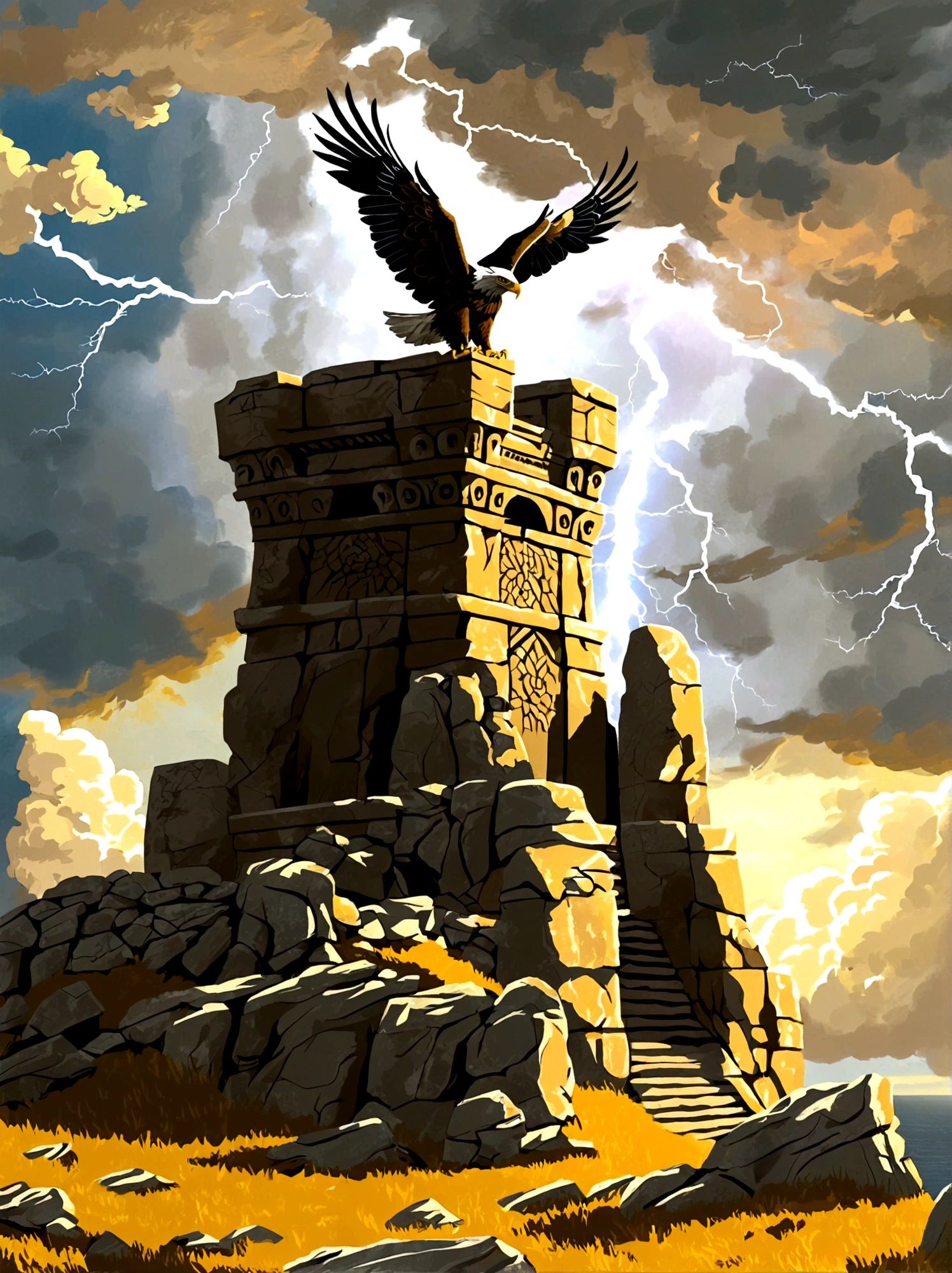 An ancient stone throne of power,Perched atop a towering cliff, The sky behind the throne indicates a coming storm,The wind swept violently over the cliffs,Push the loose rocks aside, An eagle, a symbol of power and majesty, stands on the throne,Spread your wings, Lightning on the distant horizon completes the scene