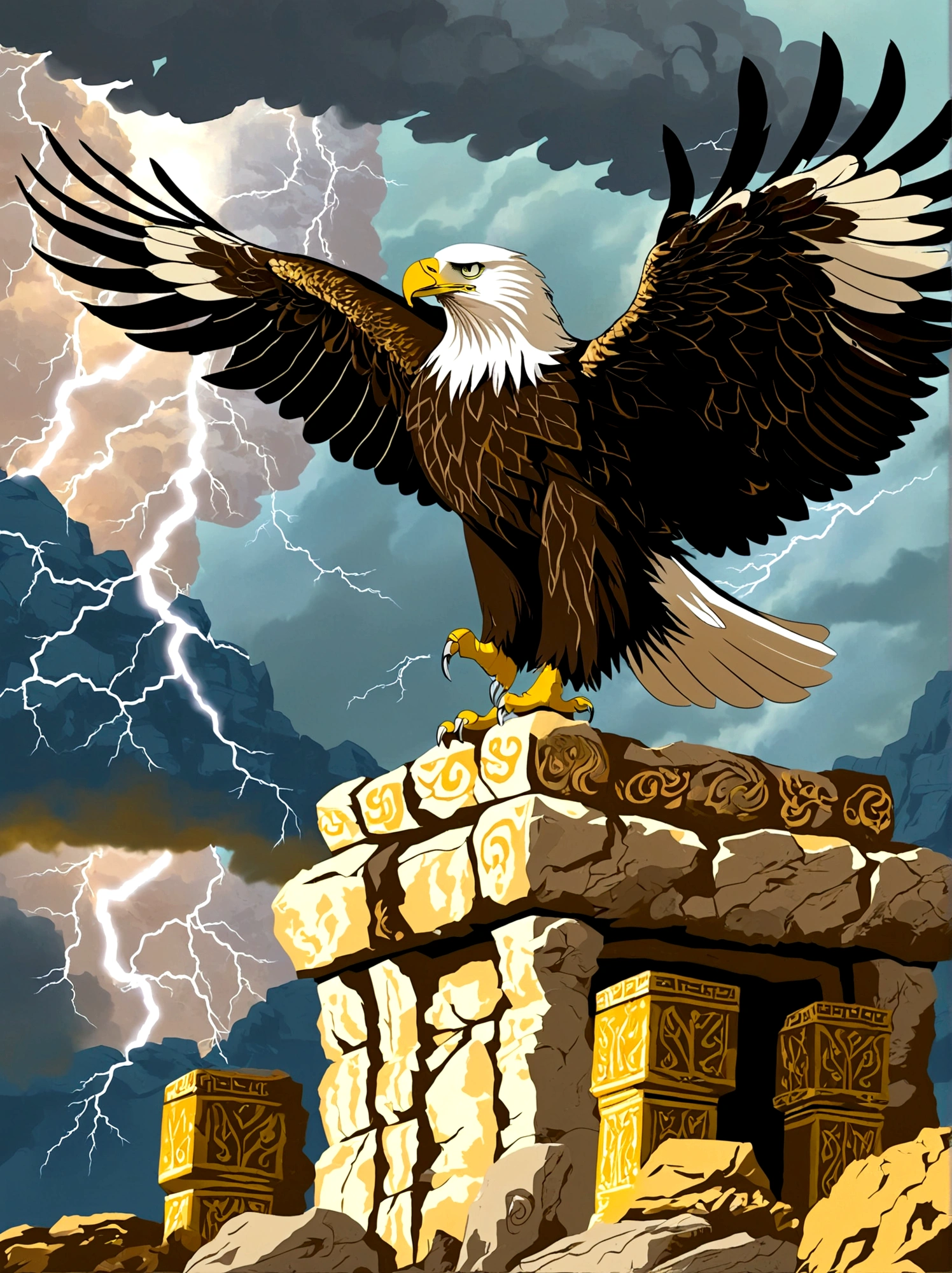 An ancient stone throne of power,Perched atop a towering cliff, The sky behind the throne indicates a coming storm,The wind swept violently over the cliffs,Push the loose rocks aside, An eagle, a symbol of power and majesty, stands on the throne,Spread your wings, Lightning on the distant horizon completes the scene