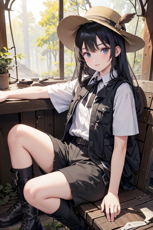(8K, Highest quality, Tabletop:1.2)、Ultra-high resolution、14-year-old girl, Perfect Fingers, Detailed face, black eye, Black Hair, Side Up, Expedition clothing, A vest with many pockets, Shorts, thick soled boots, Safari Hat, forest, Inside the ruins, dark, Cobblestones, lamp, explore