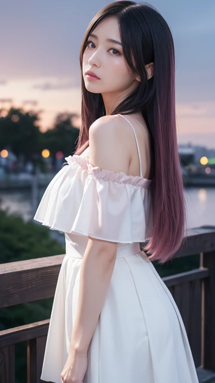 ((Highest quality)),((最high resolution)),((high resolution)),((detailed)),((High definition)),((8K)),((Perfect body)),((Perfect Face)),((Realistic)),((Real)),((Realistic)),((Beauty)),Wharf、Outdoor、night、City、night景、Black Hair、((Only the tips of the hair are pink))、Straight long hair、Very dense makeup、((Black clothes))、Black ruffled off-shoulder top、((Slanted Eyes))、White Skirt、(big breasts:1.1)、profile、((View from the left side))、A melancholic look、(profile)、(((View here)))