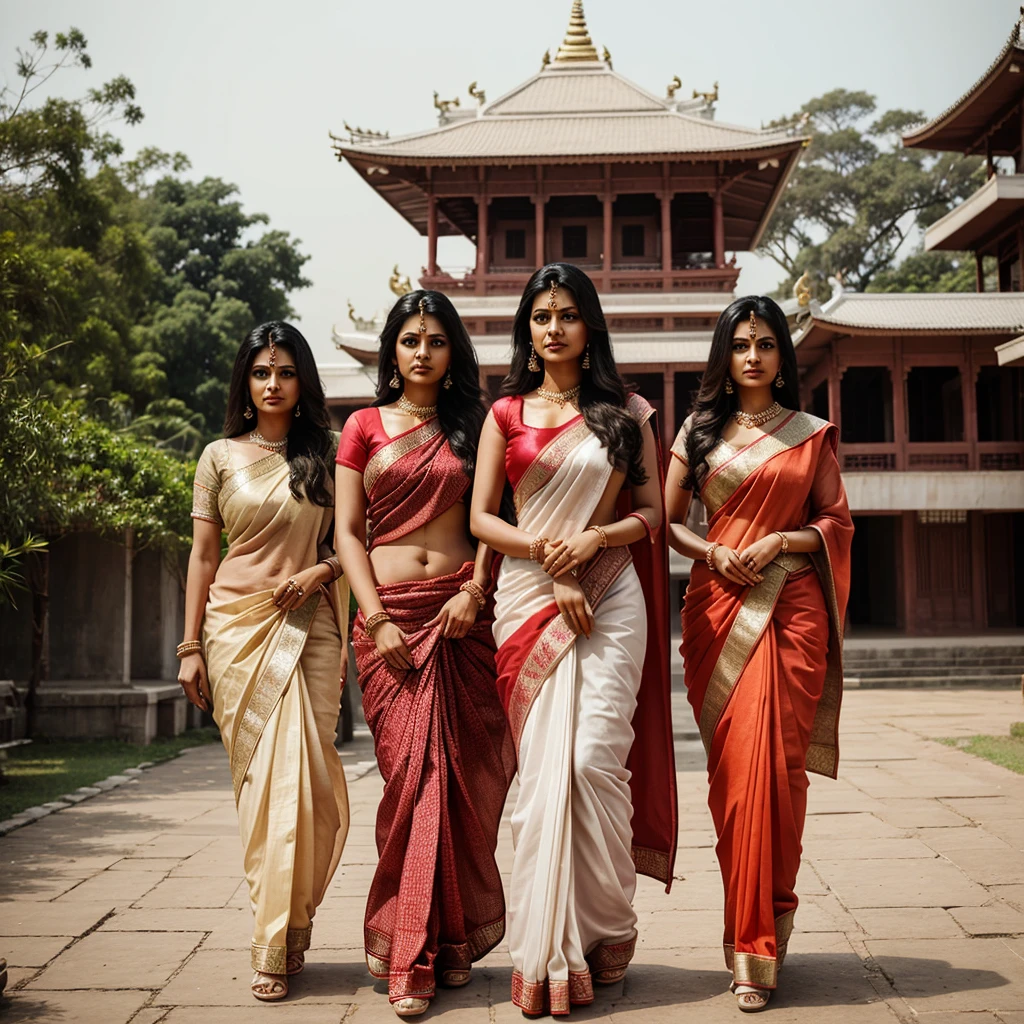 Three married indian women, wearing saree, arogant and killer looks, sharp eyes, a elegance house like temple in the background, half body